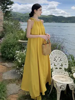 2023 Lete Ženy bez Rukávov O-krku Vintage Elegantné Mimo Ramenný Sundress Žltá Strana Sexy Klub Skladaný Obväz Šaty Bežné