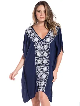 2023 Sexy tvaru Batwing Rukávom Letné Plážové Šaty Modrá Bavlnená Tunika Ženy Plaviek Cover-ups Indie Folk Vyšívané Šaty Q783