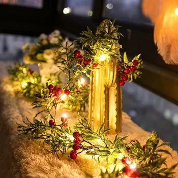2m Vianočné Led Borovica Ihly Červené Ovocie Svetla String Dekorácie /Garland Víla Ratan Leaf Dovolenku Nočné Lampy, Ozdoby/Ratan