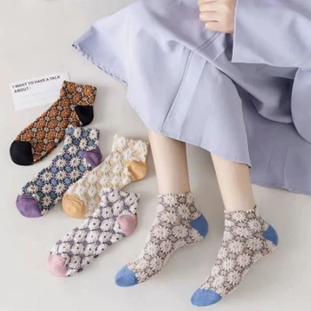 5Pairs Vintage Etnický Štýl dámske Bavlnené Krátke Ponožky s Farebný Kvetinový Vzor Letné Ponožky pre Ženy, Dievčatá Teenager