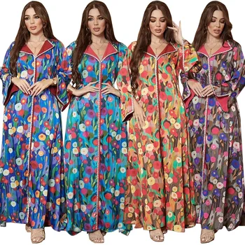 Arabské Dubaj Vytlačené Sukne Moslimských Saténové Šaty, Šitie Vyprážané Cesto Zvraty Diamond Fashion Jalabia Šaty