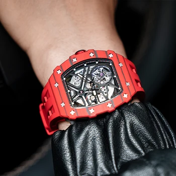 CÁR BOMBA Automatické Pánske Hodinky Uhlíkových Vlákien Tonneau Náramkové hodinky Sapphire Zrkadlo, Mechanické Hodiny Luxusné Hodinky pre Človeka