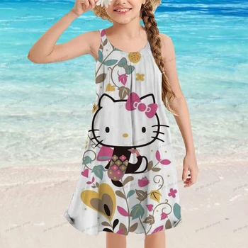 Hello Kitty 2023 Lete Nové Dievčenské Šaty Dieťa Sladké Krátky Rukáv Podväzkové Šaty Akadémie Štýl Krátke Šaty pre Deti