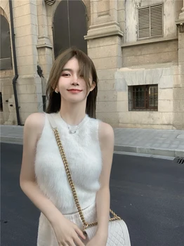 Kórejský Módne Jednoduché Slim Pletené Vest Ženy Šaty Bez Rukávov Sexy Tank Topy