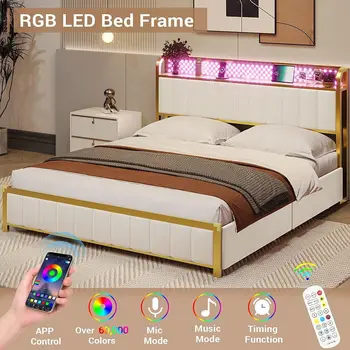 LED Svetlá Posteľ,Queen Size Bed,Klasické Platformu LED Svetlá Posteľ Rám so Zásuvkami a Čelo postele,pohodlné mládež, Dospelých spálne