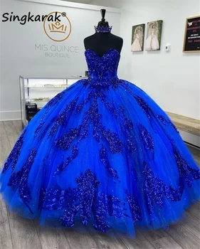 Lesk Kráľovská Modrá Princezná Quinceanera Šaty plesové Šaty, Zlatko Flitrami Nášivka Crystal 16. Narodeniny Prom Party Krajky-Up