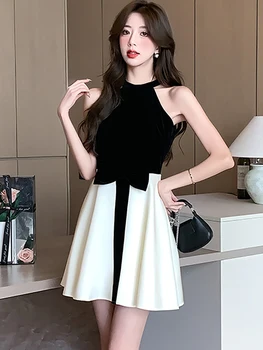 Letné Biele Patchwork Luk Bow Mini Šaty Žien Módny, Elegantný Krk-montáž Sexy Šaty Club 2023 kórejský Vintage Luxusné Party Šaty
