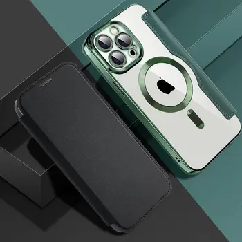 Magnetické Magsafe Pre Bezdrôtové Nabíjanie puzdro Pre iPhone 14 Plus 13 12 Pro Max Shockproof Flip Kožené Kartu Peňaženky Zadný Kryt