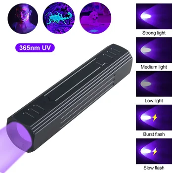 Mini 365nm UV LED Baterka USB Rechargable Zoomovateľnom Čierne 5Modes Ultrafialové UV Pochodeň Prenosné Pet Moču Škvrny Scorpion