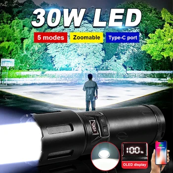 Nové LED Baterka s USB Nabíjanie Nabíjateľných Vysoký Výkon 30W Taktické Led Baterky OLED Power meter Vstavaný 18650 6600mAh