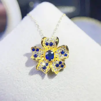 Prírodné reálne blue sapphire náhrdelník s príveskom, Luxusné kvetinové štýl 925 sterling silver 4*5mm 0.5 ct drahokam, Jemné šperky J237206