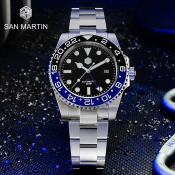 San Martin Luxusné Muži Mechanické Hodinky GMT Business Samostatne Vinutia Náramkové hodinky Sapphire Zrkadlo Vodotesné 200m Dátum Plné Svetla