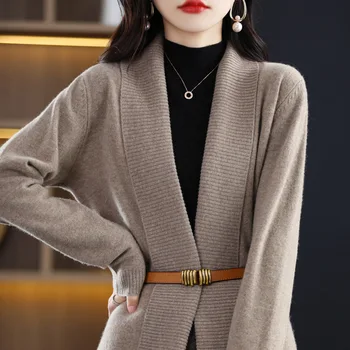 Vrchné oblečenie stredne dlhý pletený sveter jesenné a zimné nové voľné temperament dlho puzdre sveter žien kabát