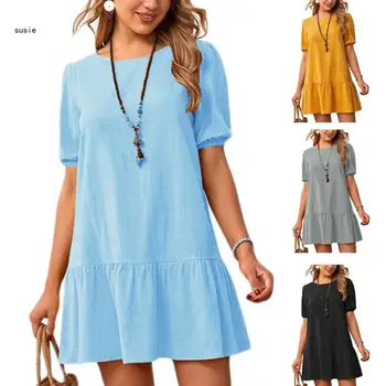 X7YA Ženy Denné Letné Šaty jednofarebné Bavlnené Obliečky Prehrabať Krátkej Dĺžky Krátky Rukáv Kolo Krku Šaty pre Denné Úrad