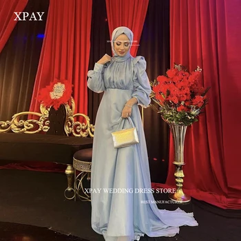 XPAY Skromné Hodváb Svetlo Modrá Moslimských Žien Večerné Šaty Dlhé Rukávy Vysoká Krku arabčina Dubaj Formálne Prom Šaty S Hidžáb