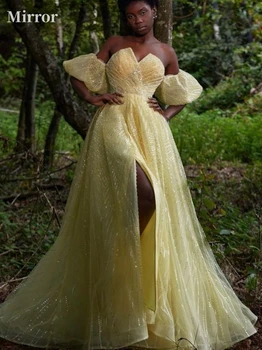 Zrkadlo Šaty Elegantné Vintage Sladké Žlté Sequined Korálkové Bez Ramienok A-Line Formálne Príležitosti Prom Šaty Večerné Party Šaty